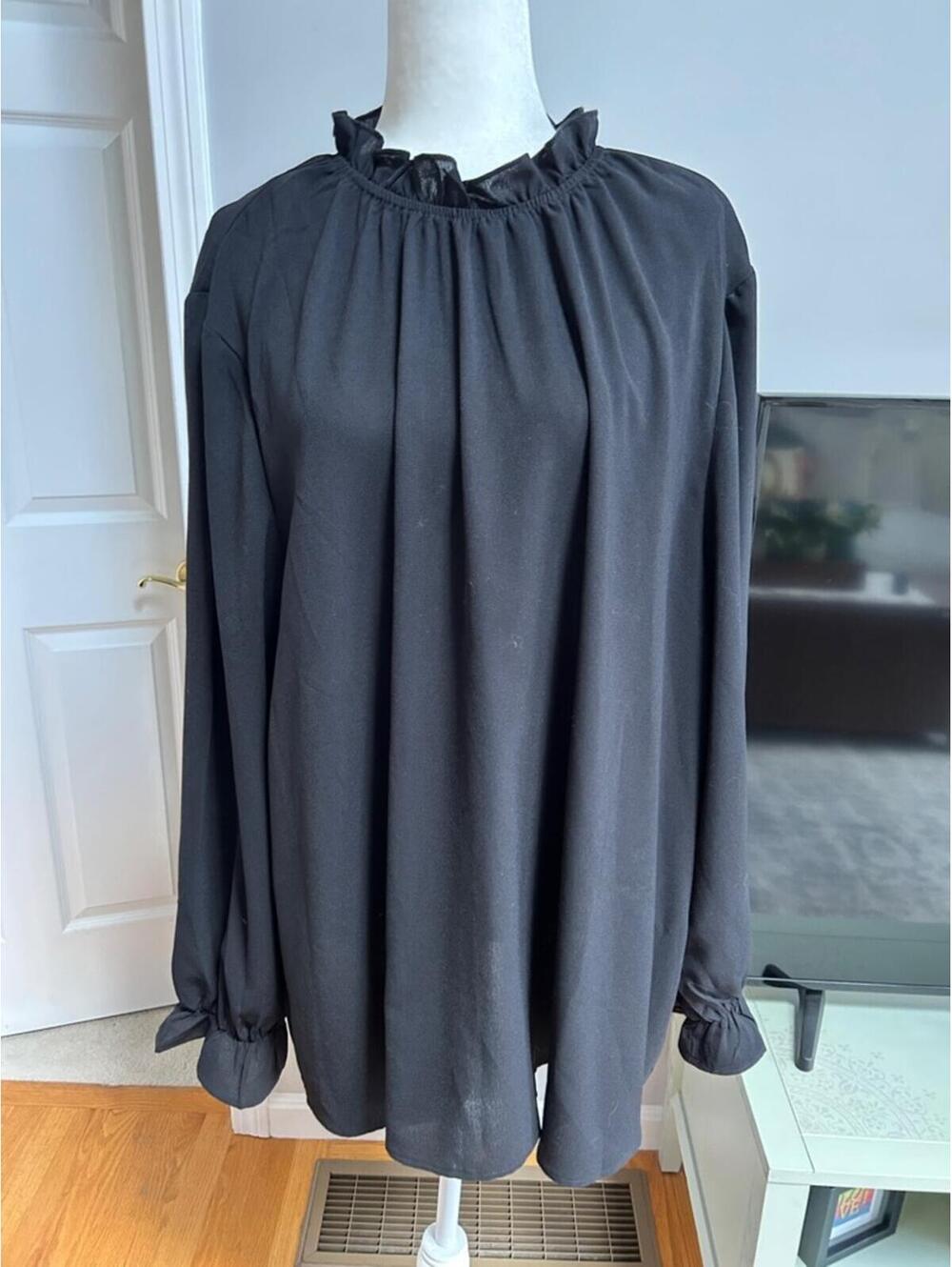 BloomChic Black Gathered-Ruffle Neck Long Sleeve Blouse